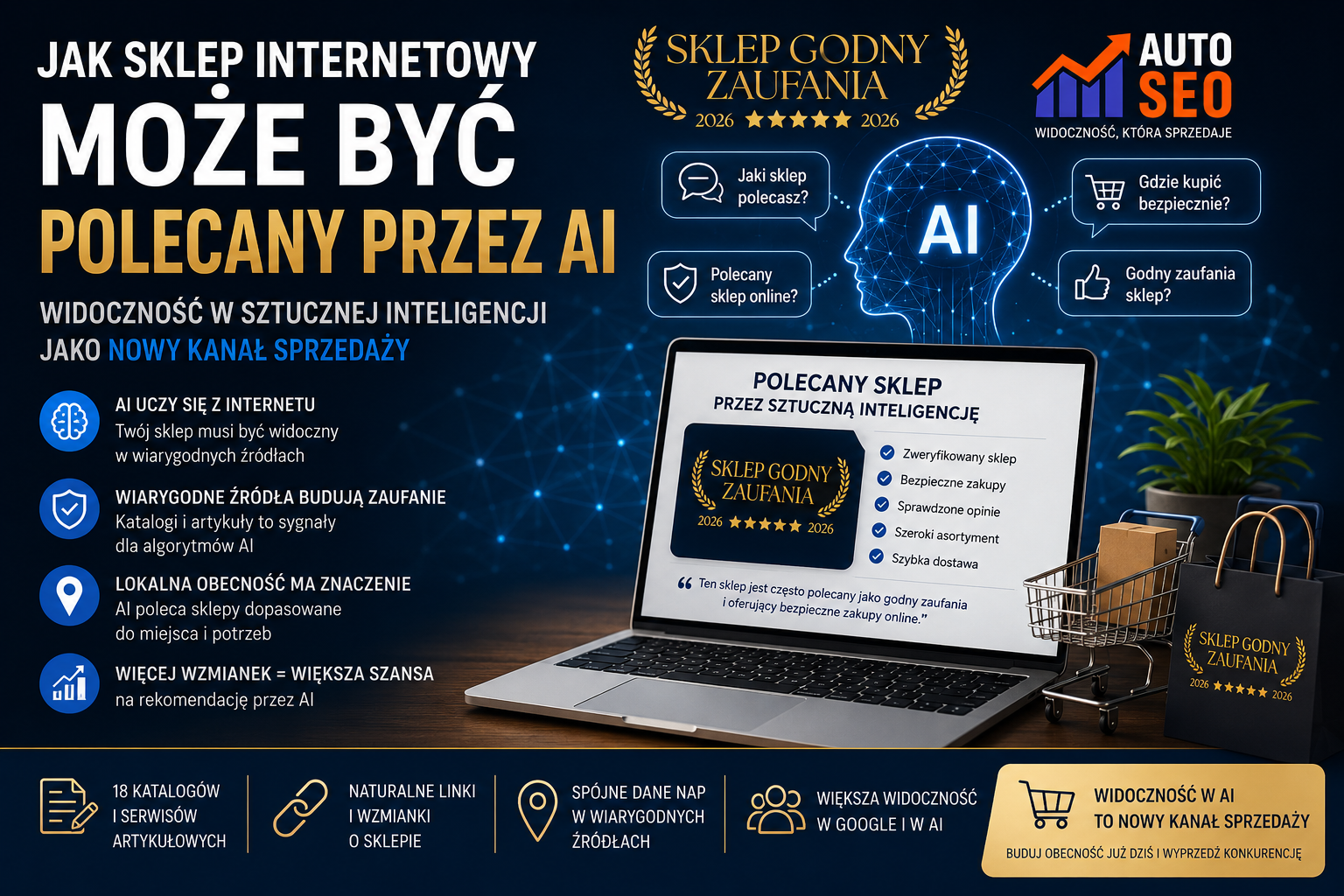 Grafika promująca widoczność sklepu internetowego w sztucznej inteligencji i Google z logo AutoSEO oraz znakiem Sklep Godny Zaufania na nowoczesnym tle AI.